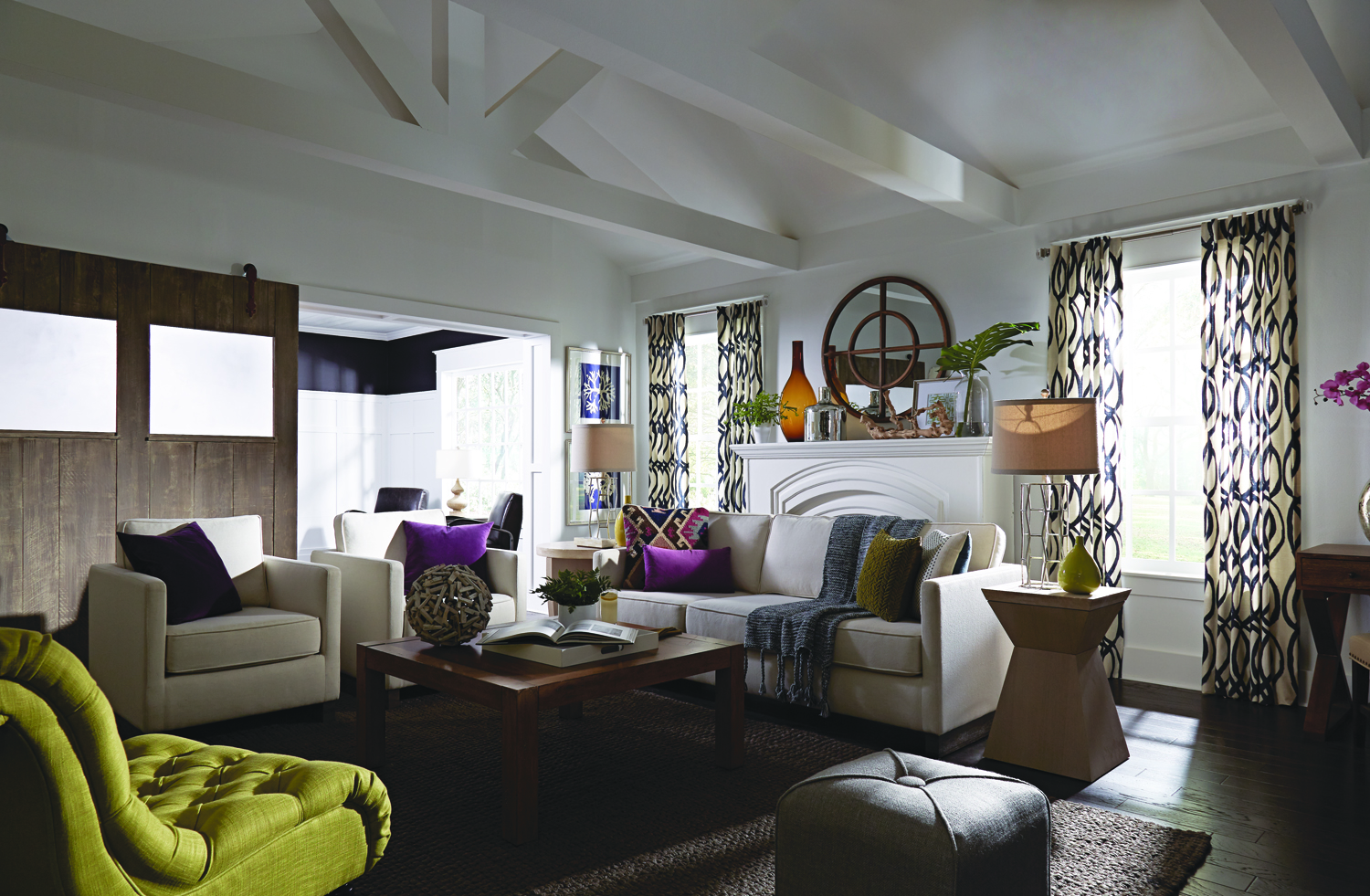 Same room before skylights, dim and lamp-lit