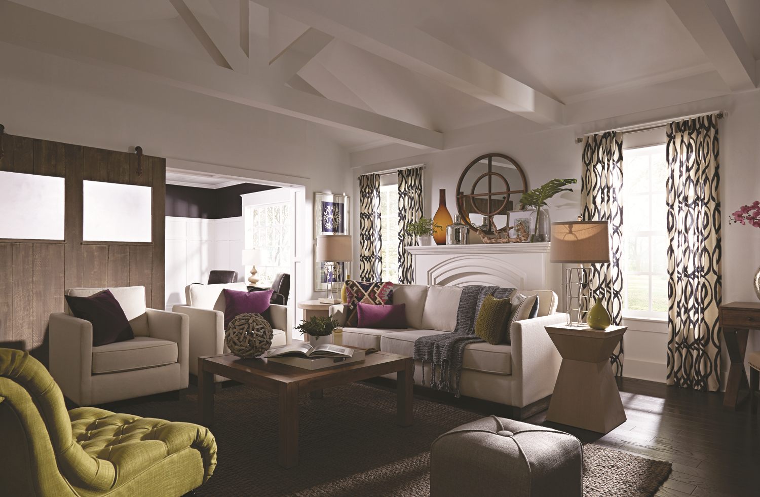 Same room before skylights, dim and lamp-lit