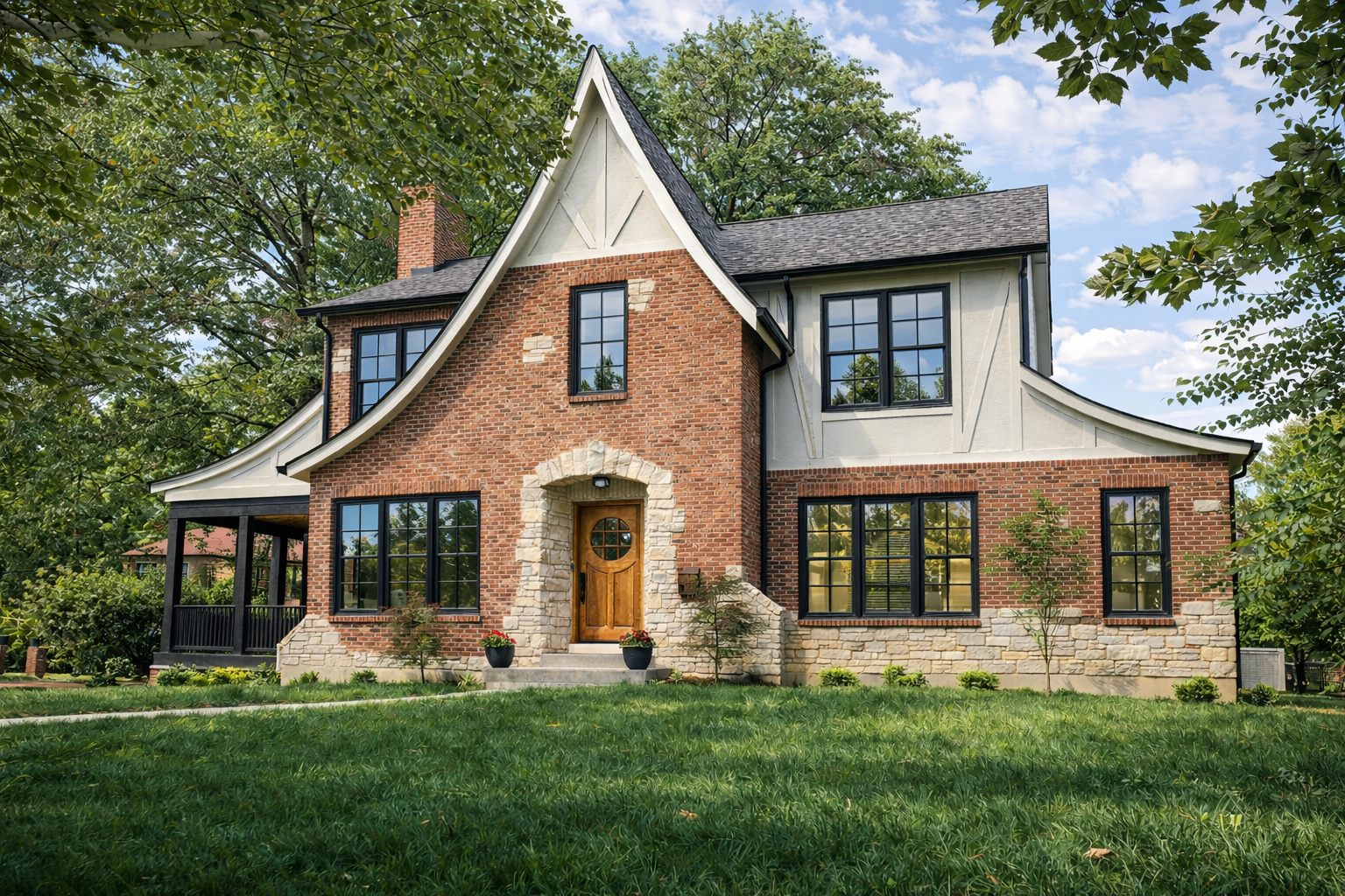 Craftsman St. Louis home with black Lincoln windows and custom wood door