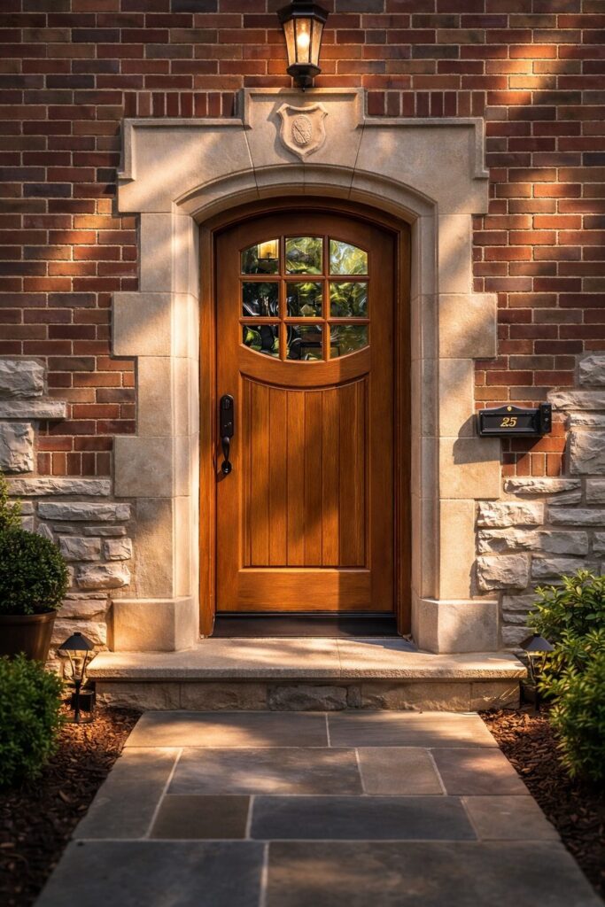 Arched tudor entry door in a stone surround